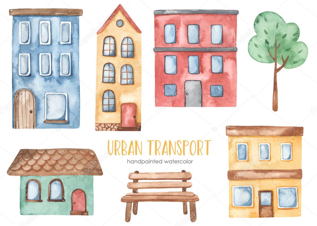 Houses, bench, tree, low-rise building, high-rise building City transport watercolor