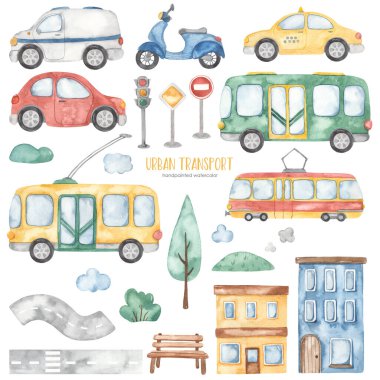 Otobüs, troleybüs, taksi, araba, tramvay, posta arabası, evler, yol, evler, ağaçlar, yol işaretleri, trafik ışıkları Watercolor şehir taşımacılığı