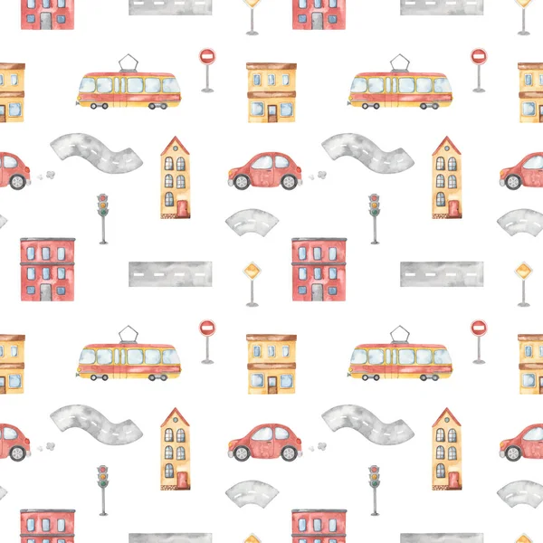 Car, tram, building, houses, road sign, road, traffic lights, for children, boys on a white background Watercolor seamless pattern