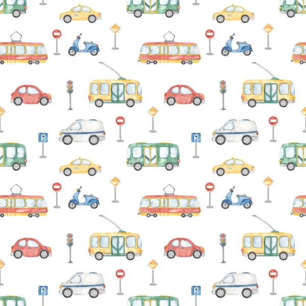 City transport, scooter, trolleybus, taxi, tram, bus, car, road sign, traffic light, for children, boys on a white background Watercolor seamless pattern