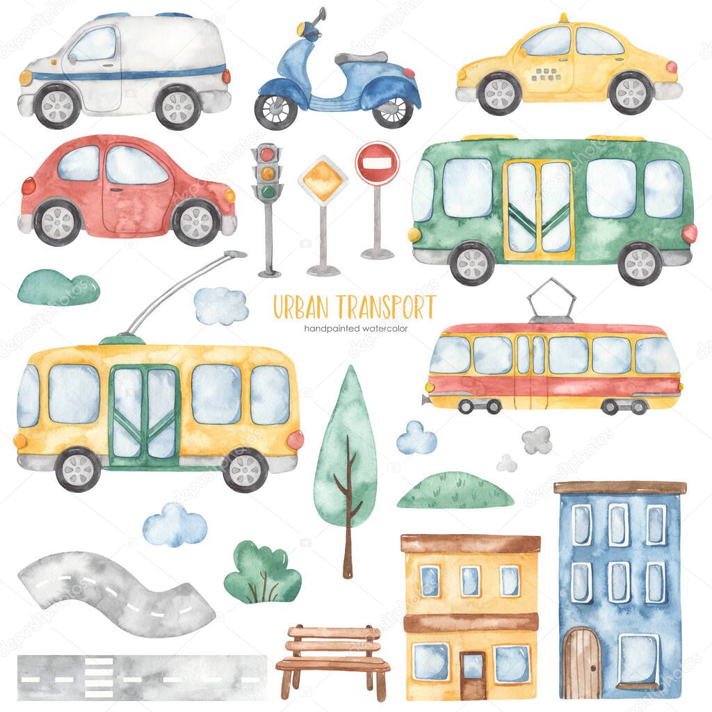 Bus, trolleybus, taxi, car, tram, mail car, houses, road, houses, trees, road signs, traffic lights Watercolor city transport