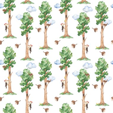 Ağaçlar, ağaçkakanlar, kuşlar, bulutlar, tırtıllar, uğur böcekleri, beyaz arka planda orman.