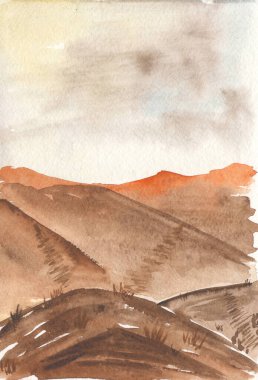 Kirli motorlar için gün batımı Watercolor dağ manzarası