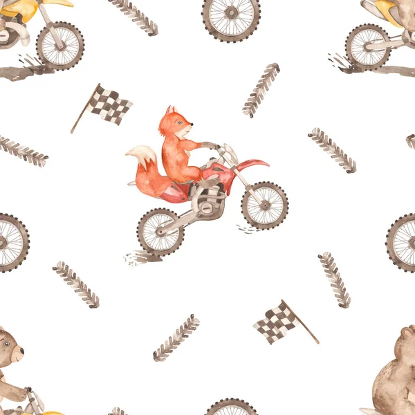 Dirt bikes, bear and fox racers, tire marks, mud, wheel Watercolor seamless pattern