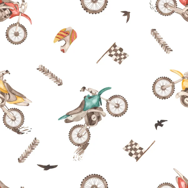 Dirty bikes, tire tracks, mud, helmet, wheel Watercolor seamless pattern
