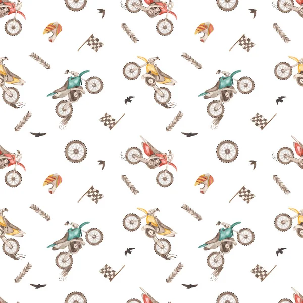 Dirty bikes, tire tracks, mud, helmet, wheel on white background Watercolor seamless pattern