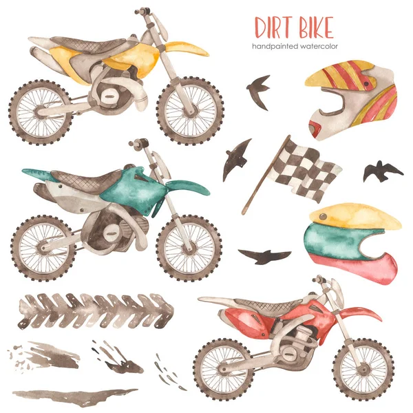 Dirt bikes, helmets, flag, mud, tire tread, birds Watercolor set