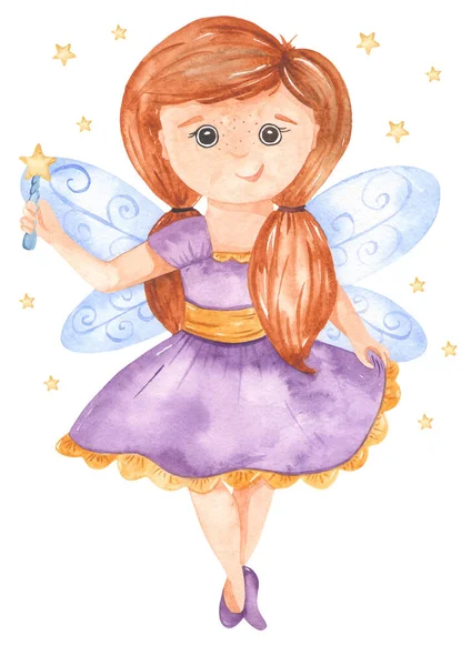 Cute fairy girl with magic wand and stars Watercolor