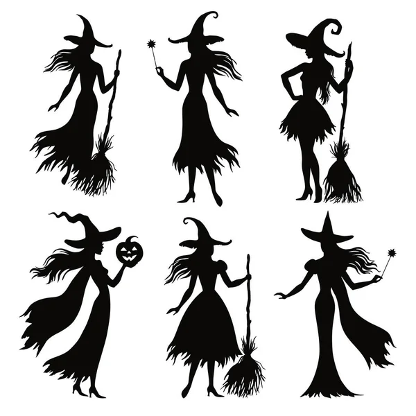 Set Mit Verschiedenen Halloween Hexen Silhouettenvektorillustration Für Design Grußkarte Einladung — Stockvektor