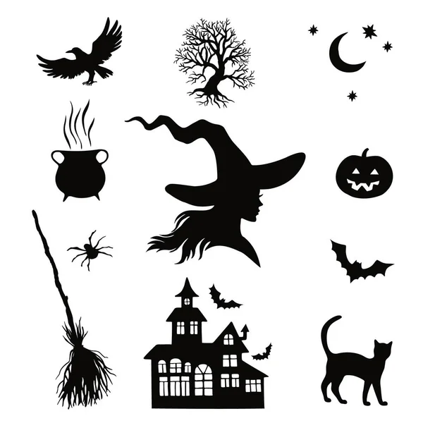 Set Elementi Halloween Silhouette Vettoriale Illustrazione Design Biglietto Auguri Invito — Vettoriale Stock