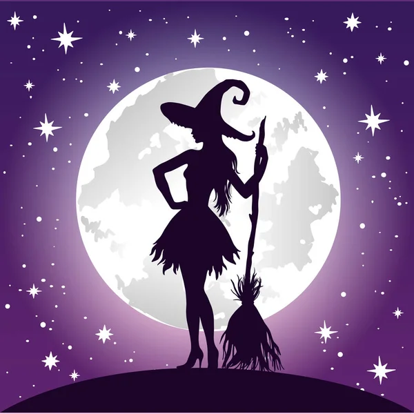 Silhuette Czarownicy Pełnia Księżyca Gwiazd Vintage Halloween Wektor Ilustracji — Wektor stockowy