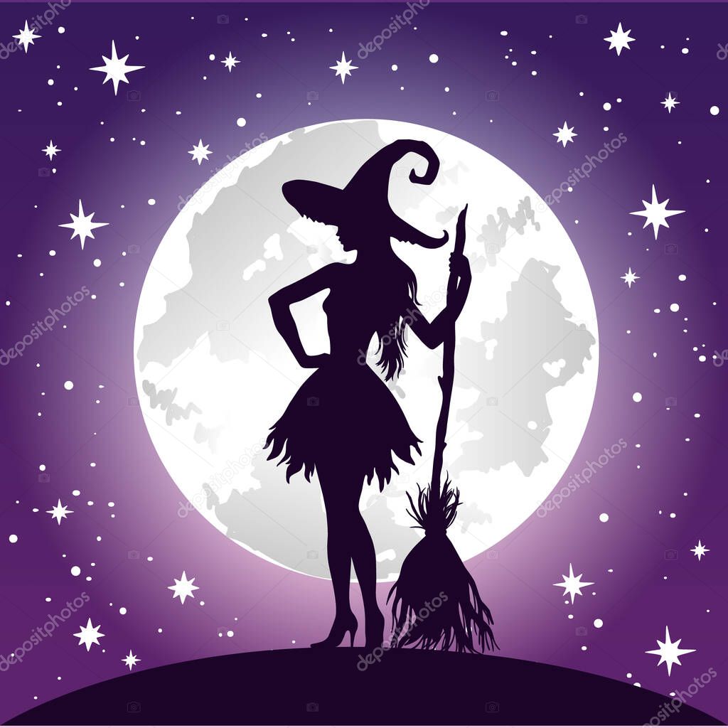 Silhuette of witch, full moon and stars, vintage Halloween vector illustration.