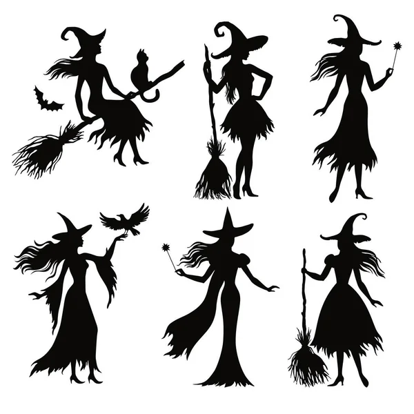 Set Different Halloween Witcnes Silhouette Vector Illustration Design Greeting Card — Stock Vector