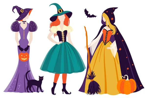 Halloween com lindas bruxas. coleção de diferentes bruxas bonitas bonitos.  grupo de belas garotas místicas. ilustração isolada em estilo cartoon