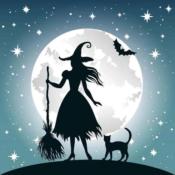 Silhuette Czarownicy Kota Pełnia Księżyca Gwiazd Vintage Halloween Wektor Ilustracji — Wektor stockowy