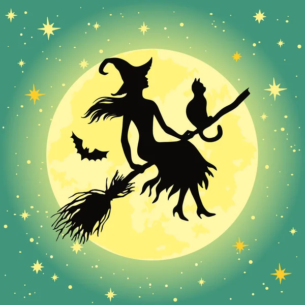 Uçan Cadının Silueti Dolunay Yıldızlar Klasik Cadılar Bayramı Çizimi — Stok Vektör