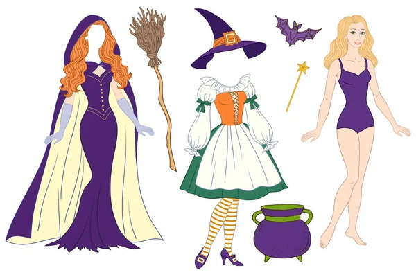 Vintage Paper Doll Halloween Witch Costume Isolated Vector Illustration — Stock Vector