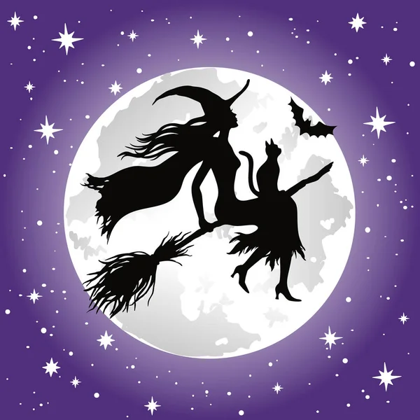 Uçan Cadının Silueti Dolunay Yıldızlar Klasik Cadılar Bayramı Çizimi — Stok Vektör