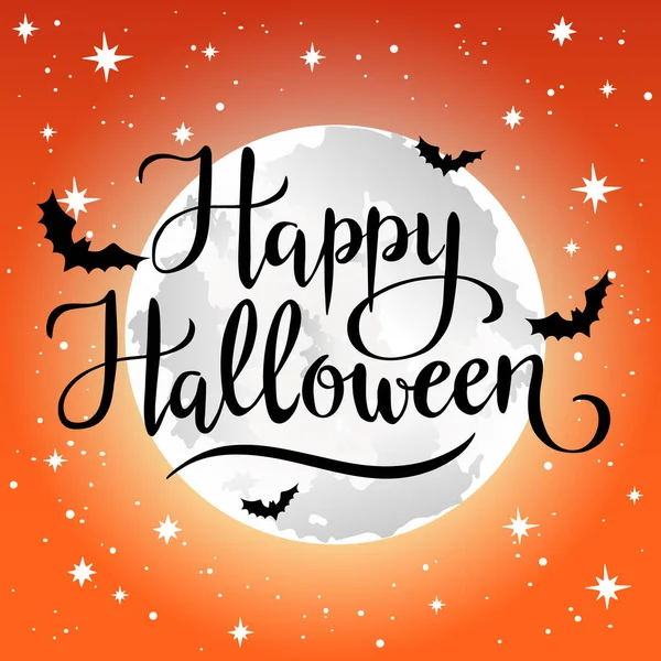 Szczęśliwego Halloween Ręcznie Pisane Litery Pełnia Księżyca Gwiazd Ilustracja Wektor — Wektor stockowy