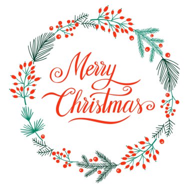 Böğürtlen ve yapraklı Noel çelengi, klasik kış çiçeği çizimi. Bayram tebrik kartı, davetiye, kupa, tişört tasarımı için şablon.