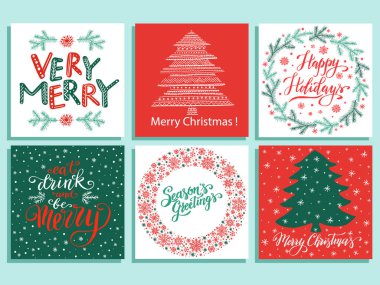 Mutlu Noeller ve mutlu yıllar tebrik kartları, Noel ağacı çizimleri, el yazması mektuplar, kış, tatil çelenkleri..