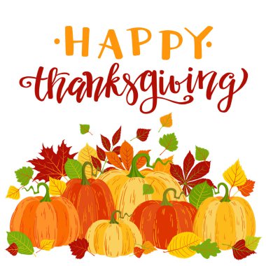 Şükran Günü, el yazması mektuplar, balkabakları ve sonbahar yaprakları, tatil vektör illüstrasyonu, kart şablonu, poster, afiş.