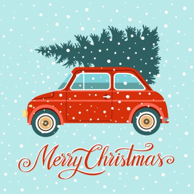 Noel ağacı, araba ve karlı Noel vektör çizimi. Tebrik kartı, davet için arkaplan.