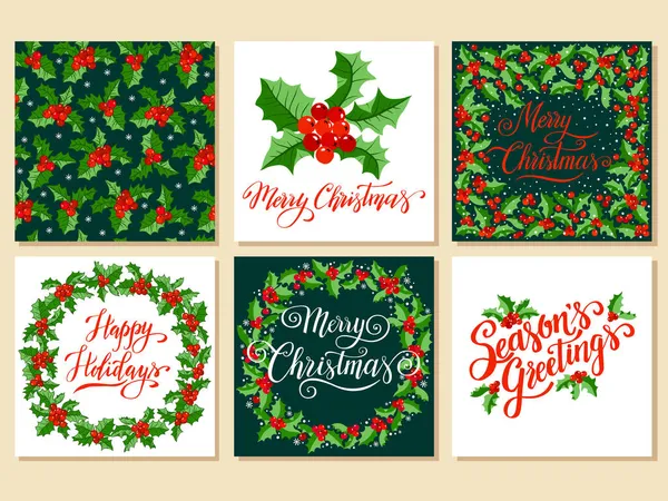 Set Vrolijk Kerstfeest Gelukkig Nieuwjaar Wenskaarten Illustraties Met Holly Bessen — Stockvector