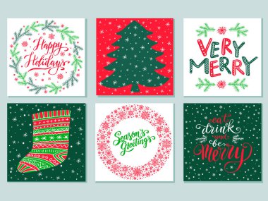 Mutlu Noeller ve mutlu yıllar tebrik kartları, Noel ağacı çizimleri, el yazması mektuplar, kış, tatil çelenkleri..