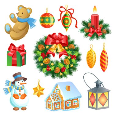 Beyaz arka planda klasik Noel oyuncakları ve dekorasyonları, vektör illüstrasyonu.