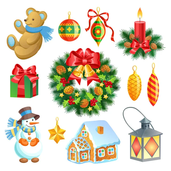 Beyaz arka planda klasik Noel oyuncakları ve dekorasyonları, vektör illüstrasyonu.