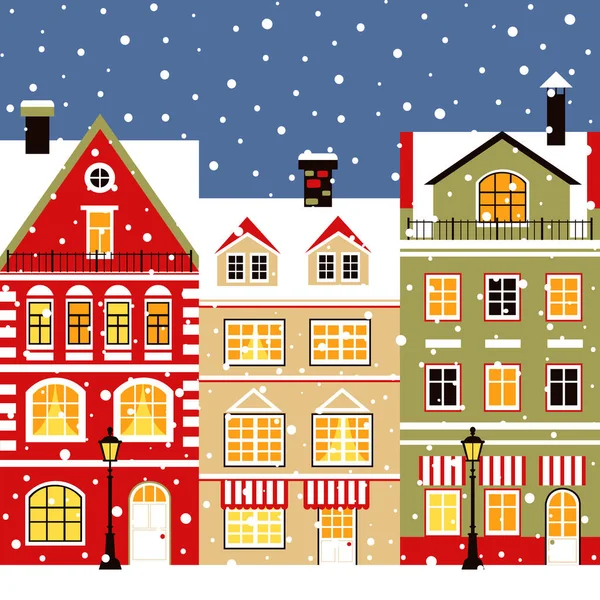 Zima Stare Miasto Boże Narodzenie Nowy Rok Wakacje Vintage Wektor — Wektor stockowy