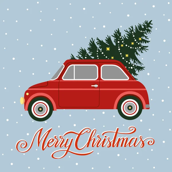 Ilustrasi Vektor Natal Dengan Pohon Natal Mobil Dan Salju Latar - Stok Vektor