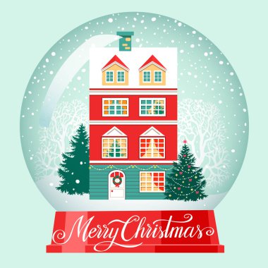 Kar küresi, ev, dekore edilmiş Noel ağacı, karla kaplı ağaçlar, kar yağışı, Merre Noel mektupları, kış tatili çizimleri. Noel ve Yeni Yıl geçmişi.
