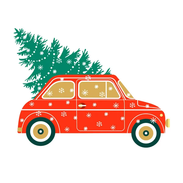 Ilustracja Wektora Bożego Narodzenia Choinki Samochodu Śniegu Kontekst Karty Okolicznościowej — Wektor stockowy