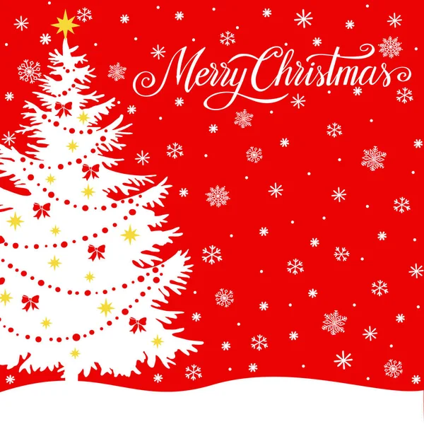 Silhouette Des Geschmückten Weihnachtsbaums Schneeflocken Handgeschriebener Schriftzug Frohe Weihnachten Vektorfesttagsillustration — Stockvektor