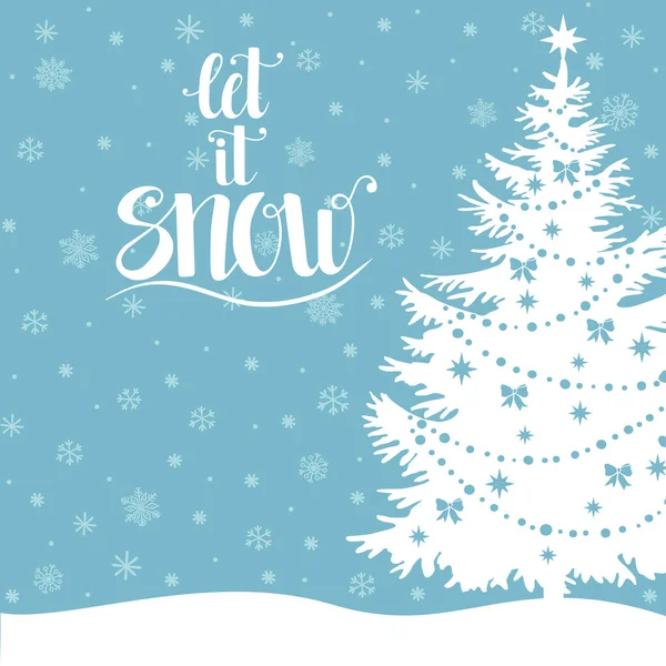 Silueta Zdobeného Vánočního Stromku Sněhové Vločky Ručně Psaný Nápis Sněží — Stockový vektor