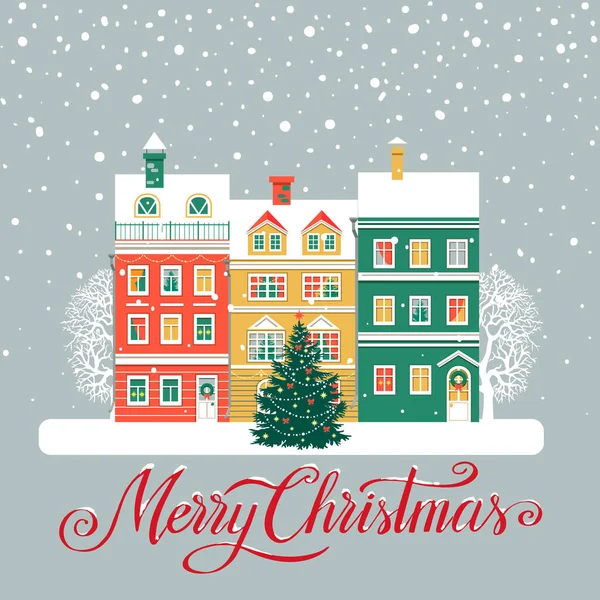 Vintage Houses Snowfall Decorated Christmas Tree Hand Written Lettering Merry — 图库矢量图片#