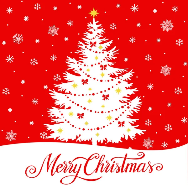 Siluet Pohon Natal Dihiasi Kepingan Salju Tulisan Tangan Merry Christmas - Stok Vektor