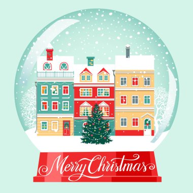 Kar küresi, evler, süslü Noel ağacı, karla kaplı ağaçlar, kar yağışı, Merre Noel mektupları, kış tatili vektör çizimleri. Noel ve Yeni Yıl geçmişi.