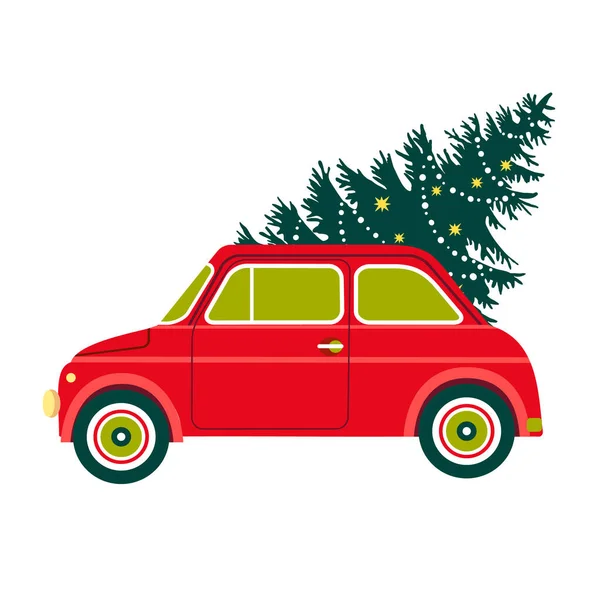 Weihnachtsvektorillustration Mit Weihnachtsbaum Auto Hintergrund Für Grußkarte Einladung — Stockvektor