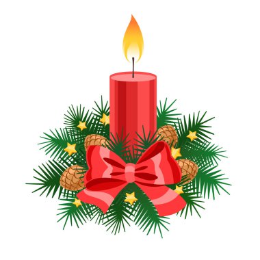 Yanan kırmızı mum, ladin dalları, koniler, kırmızı yay, beyaz arka planda tatil vektör çizimi, Noel ve yeni yıl kartı şablonu, poster, afiş.