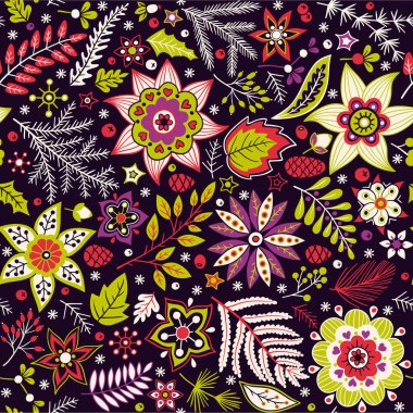 Noel çiçeksiz deseni. Vektör el karalama çiçek elementleri. Tekstil, duvar kâğıtları, ambalaj kağıtları için kış süsü.