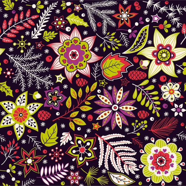 Weihnachten Florales Nahtloses Muster Vector Handgezeichnete Doodle Florale Elemente Winterschmuck — Stockvektor