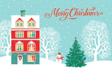 Mutlu Noeller ve mutlu yıllar tebrik kartı, Noel ağacıyla illüstrasyon, el yazması mektuplar, kışlık ev, kardan adam.