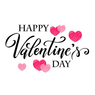 El yazısıyla yazılmış mektuplar Happpy Sevgililer Günü, beyaz arka planda pembe ve kırmızı kalpler, tasarım için şablon, davetiye, kart, afiş, kapak, vektör illüstrasyonu.