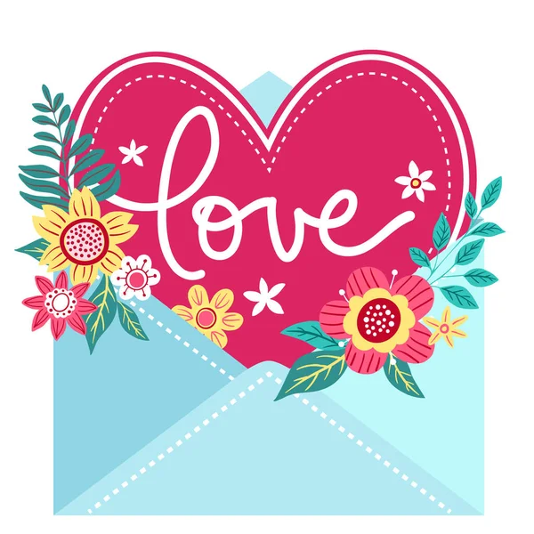 Rosa Ouvir Flores Envelope Letras Escritas Mão Amor Ilustração Vetorial — Vetor de Stock