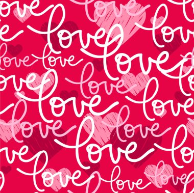 Vektörsüz şablon, el yazması harfler aşk, pembe karalama kalpler, sevgililer günü şablonu, tekstil, duvar kağıdı tasarımı.