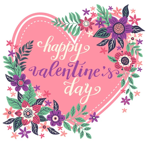 Tarjeta San Valentín Corazón Flores Sobre Fondo Blanco Feliz Día — Vector de stock
