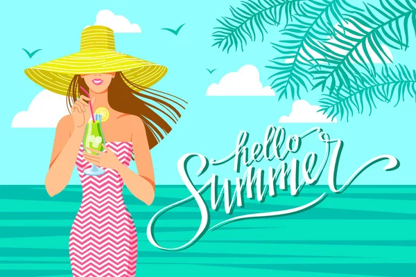 帽子の女の子とカクテルと水着 海辺のベクトルイラスト 熱帯の風景 手書きのレタリングこんにちは夏 — ストックベクタ